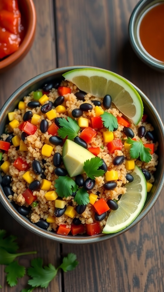 A colorful vegan Mexican quinoa bowl with black beans, corn, bell peppers, garnished with cilantro and avocado.